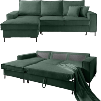 luma-home Ecksofa 17224, mit Bettfunktion und Bettkasten 240x150 cm, Wellenunterfederung, Récamiere links, Cord-Bezug in Grün