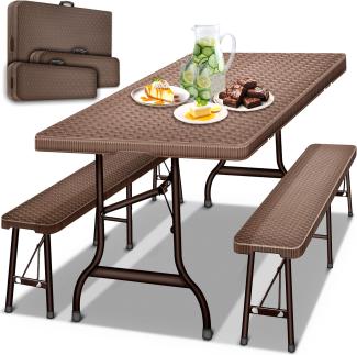 tillvex® Bierzeltgarnitur, klappbar, 3-tlg, wetterfest, 1x Tisch, 2x Bank, Kunststoff Rattan Braun, 180 x 75 x 75 cm