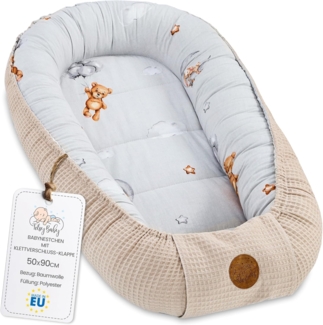 Babynest Neugeborene Nestchen Baby - 90x50 cm Kokon Handmade zweiseitig aus Waffel Piqué Baumwolle Schlummer Teddybären B