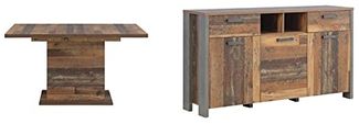 Forte Clif Esstisch ausziehbar, Holzwerkstoff, Old-Wood Vintage 160-200 x 76,6 x 90 cm & Clif Kommode mit 3 Türen und 2 Schubkästen, Dunkelgrau, 156,4 x 86,3 x 41,6 cm