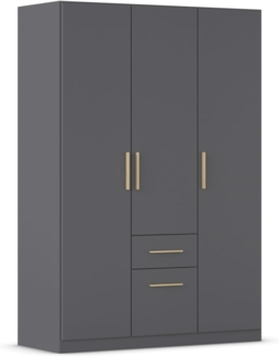 Rauch Möbel Glasgow Drehtürenschrank, Kleiderschrank, Schrank, Garderobe 3-türig, 2 Schubladen, Farbe Grau metallic, Griffprofil Eiche Massiv, 136 x 197 x 54 cm