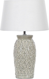 'Khoper' Tischlampe Grau und Weiß Keramik Ornamente Antik Optik 48cm Stoffschirm Kegelform langes Kabel mit Schalter handgemacht Schlaf- u. Wohnzimmer