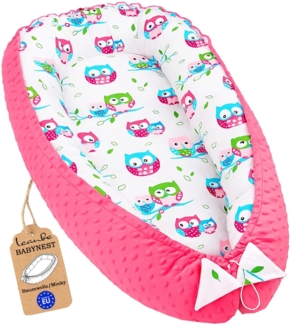 Leanbe Babynest 90x50 cm – Babynestchen für Neugeborene, Nestchen Baby aus Baumwolle & Polyester, Bettnestchen für Winter/Herbst, Baby Nest Set für Indoor & Outdoor (MINKY ROSA - EULEN)