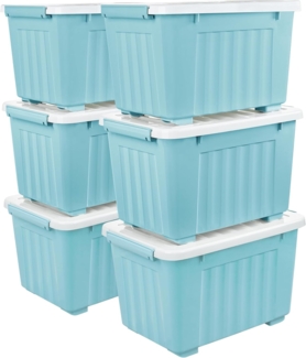 Cetomo 35L*6 Aufbewahrungsboxen mit Deckeln, Kunststoff-Aufbewahrungsbox mit Rollen und Clips, Kunststoffbox für Zuhause und Büro, BPA-frei, Nestbar, Stapelbar, Blau, 35L-6er Pack