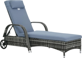 Outsunny Gartenliege Sonnenliege Rattanliege Gartenmöbel Liege mobil mit Kissen und Rollen, Polyrattan+Metall, Grau, 200 x 73 x 30-103cm