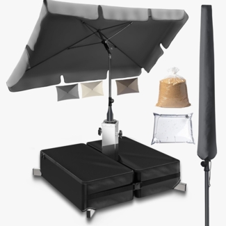 4smile Sonnenschirm rechteckig 200x125 cm + Sonnenschirmständer + Schirmhülle - Sonnenschutz Balkon Set 3-teilig, Sonnenschirm Balkon mit Ständer - Balkonschirm knickbar höhenverstellbar, Anthrazit