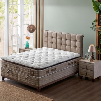 Bambi Yatak Sanati Boxspringbett Set, Bambi Cotton Master, Schlafzimmerbett, Matratze mit Topper, H2 (1 x H2 Mittelweich Matratze, 2 x Bettkasten, 1 x Bettkopfteil), Doppeltes Taschenfederkernsystem, Einseitig, Matratzenhöhe: 34 cm