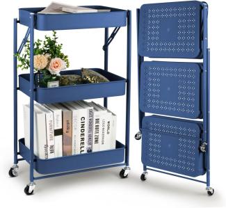 Todeco Klappbarer Rollwagen mit 3 Ebenen, Servierwagen, Küchenwagen aus Metall und Kunststoff, Keine Montage, 46 x 29 x 78 cm, für Bad, Küche (Blue)