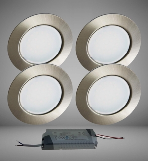 TRANGO LED Einbauleuchte, 4er Set G4E-042T LED Möbel Einbaustrahler 12Volt AC/DC inkl. 1 x LED-Trafo (12 Volt - 2000mAh) Schrank-Einbauleuchte in Edelstahl-Optik, Deckenleuchte, zum Austausch G4 Halogen Möbelleuchten, Küchenhaube-Leuchten