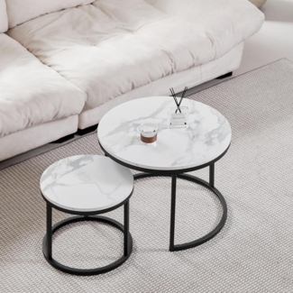 GrandCA HOME Couchtisch 2er Set,Stapelbarer Couchtisch, Couchtische Rund, Marmorierte MDF-Tischplatte, Schwarze Tischbeine aus Edelstahl,Geeignet für Wohnzimmer, Esszimmer(Ø60x45H cm,Ø40x35H cm)