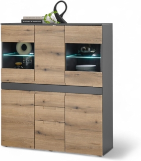 Taylor Highboard mit LED-Beleuchtung in Anthrazit, Evoke Eiche Optik - Moderner Wohnzimmerschrank mit viel Stauraum für Ihren Wohnbereich - 119 x 140 x 38 cm (B/H/T)