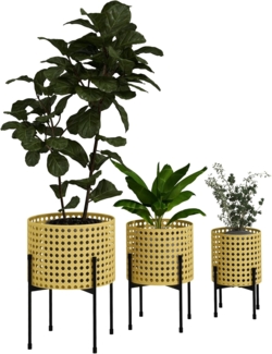 Outsunny Blumenständer 3er-Set Pflanzenständer mit Rattanoptik (Blumenhocker, 3 St, Pflanzenhocker), für Innen und Außenbereich Stahl Gold