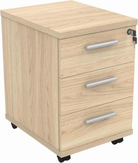 office hippo Strapazierfähiger Rollschrank mit 3 Schubladen, beweglicher Büroschrank mit abschließbarem Stauraum, Holz, Kanadische Eiche, 40,4 x 50 x 59,5 cm