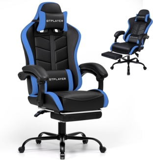 GTPLAYER Gaming Stuhl, Bürostuhl Gamer Stuhl, Ergonomischer Gamer Sessel mit Fußstütze, Gaming Chair PU Leder PC-Stuhl Verbreiterte Rückenlehne 150KG, Blau