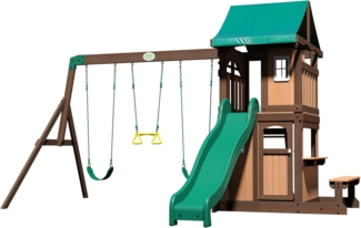Backyard Discovery Lakewood Spielturm aus Holz XXL Spielhaus für Kinder mit Rutsche, Schaukel, Trapez & Picknicktisch | Braun, grün | Holz | 430.00 cm