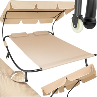 tectake Sonnenliege, Doppelliege, Outdoor Liege für 2 Personen, Gartenliege mit Sonnendach, Relaxliege, Sonnenliege mit Dach, inkl. 2 Kissen, ideal für Garten oder Balkon - schwarz/beige