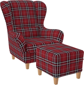 Supellex Ohrensessel Sofia Relaxsessel mit Hocker Design Oxford kariert Rot