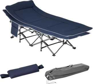 Outsunny Feldbett klappbares Klappbett (Campingbett mit Kopfkissen, Seitentasche, 1-St, Gästebett bis 150 kg belastbar) Reisen, Outdoor, Oxford, Dunkelblau