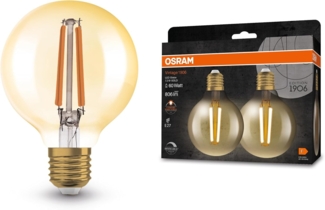OSRAM Vintage 1906® Classic GLOBE80 FIL 60 LED-Lampe mit Sockel 27, dimmbar, Kugelform, gold, Doppelpack, 7,2W, 806lm, 2400K, reduziertes warmweißes Licht, geringer Verbrauch, lange Lebensdauer