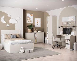 Lomadox Jugendzimmer-Set FIER-129, (Sparset, 4-tlg, Bett Sideboard Kleiderschrank Schreibtisch), kaschmir mit Eiche, Jugendbett 120x200cm, grifflos