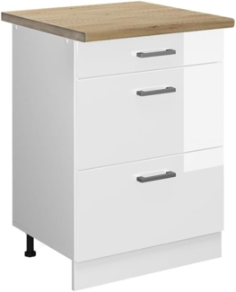 Vicco Küchenunterschrank R-Line, Weiß Hochglanz/Weiß, 60 cm mit Schubladen, AP Eiche