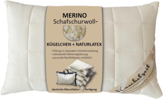 Meivita Naturfaserkopfkissen Merino Schafschurwolle Kopfkissen, Füllung: 70% Latex (Naturlatexflocken) und 30% Wolle (Schurwollkügelchen), Bezug: Baumwollperkal, Seitenschläfer, Rückenschläfer, Bauchschläfer, Kissen Hergestellt in Deutschland