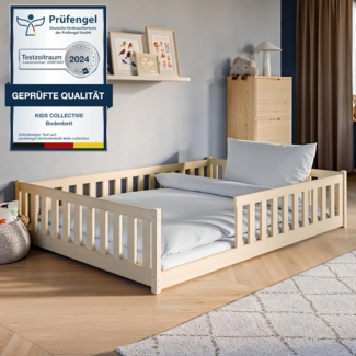 Kids Collective Kinderbett Bodenbett Bett mit Rausfallschutz & Lattenrost Montessori Bett Kinder (Jungen, Mädchen, Kinder, weitere Größen 80x160, 90x200, 140x200 cm), Gitterbett Jugendbett natur mit Matratze Junge Mädchen 140x200cm