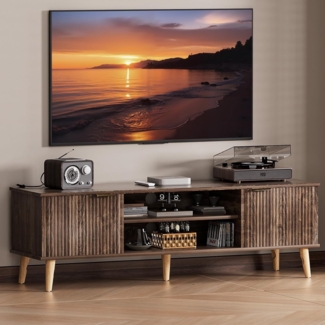 Yorbay Lowboard TV Schrank stehend, für Fernsehr bis zu 65 Zoll, 147cm Breit, Vintage TV Möbel mit 2 Türen, Holz Beine&Goldene Griffer,Vintage Braun