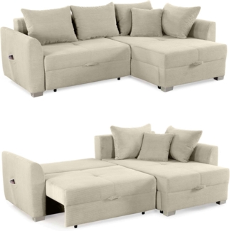 Ecksofa L-Form Couch Polsterecke Schlaffunktion Bettkasten Cord in Beige Grau