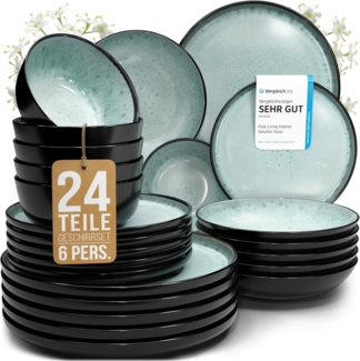 Steingut Geschirrset 6 Pers. Ibiza 24-tlg Hochwertiges Mediterranes TEST SEHR GUT Steingut Geschirr Set - Schüssel- und Teller Set - Tafelservice 6 Personen Geschirrsets Pure Living in Salbeigrün