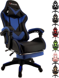 xRace Gaming-Stuhl Hoher Drehstuhl aus Leder mit Lendenwirbelstütze, Kopfstütze und Fußstütze, verstellbar, neigbar, Rennstil (Blau)