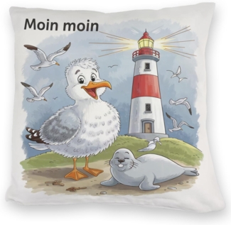 speecheese Dekokissen Fröhliche Möwe und Leuchtturm Kuschelkissen - MOIN MOIN