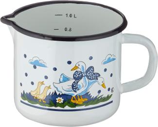 Milchtopf GÄNSEGLÜCK 1,0 Liter mit Ausguss und Skala, Emaille weiß mit Blumenmotiv