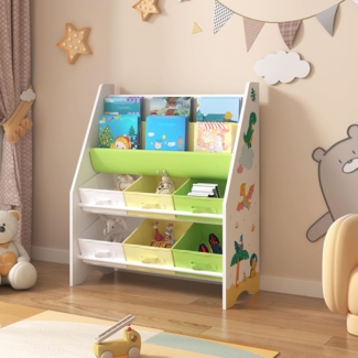 Kinderregal Ponteceso mit 2 Ablagefächern und 6 Faltboxen Dinosaurier Motiv Grün / Gelb [en. casa]