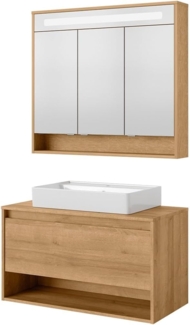 Fackelmann NATURA Badmöbelset 3-teilig, Keramikbecken, LED Spiegelschrank, 94 cm breit, Braun hell