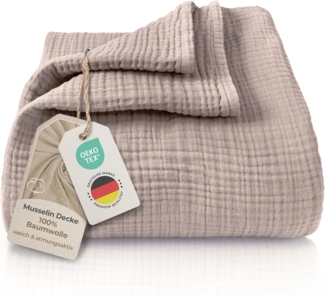 LAYNENBURG Premium Musselin Tagesdecke 220x240 cm XXL - 100% Baumwolle - extraweiche Baumwolldecke als Kuscheldecke, Bett-Überwurf, Sofa-Überwurf, Couch-Überwurf - warme Sofa-Decke (Taupe)