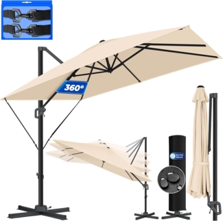 KESSER® Sonnenschirm Ampelschirm SUN XL 300 x 300 cm Inkl. Abdeckung +Windsicherung Drehbar Neigbar Kippbar Marktschirm Groß 360° Rotation, Gartenschirm mit Kurbel Sonnenschutz UV50+ Taupe, Ohne LED