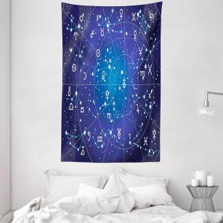 ABAKUHAUS Astrologie Wandteppich, Sternbild Tierkreis und Planeten Originalkoordinaten der Himmelskörper Muster, aus Weiches Mikrofaser Stoff Wand Dekoration Für Schlafzimmer, 140 x 230 cm, Dunkelblau