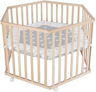 roba Laufgitter hexagonal mit Einlage im Design 'Little Stars' - Echtholz Buche - Laufstall 3‑fach höhenverstellbar - Mobil & sicher dank Bremsrollen - Holz natur