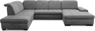 CAVADORE U-Form Lexi mit XXL-Longchair / Inkl. Bett, Bettkasten, Stauraum und Kopfteilfunktion / Leichte Fleckenentfernung dank Soft Clean / 329x82-99x224 / Flachgewebe: Grau