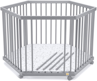 FabiMax 4139 Laufgitter 6-eckig, Grau, Buche massiv, höhenverstellbar, Schlupfsprossen, Parkettrollen