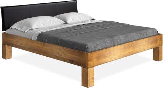 Möbel-Eins CURBY 4-Fuß-Bett mit Polster-Kopfteil, Material Massivholz, rustikale Altholzoptik, Fichte vintage 120 x 200 cm Standardhöhe Kunstleder Schwarz ohne Steppung