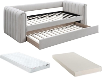 Vente-unique - Ausziehbett + Matratze - 90 x 190 cm - Stoff - Beige - SAHONA