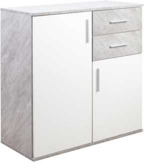 BAKAJI Kommode für Madia, 2 Türen, 2 Etagen, geräumig, minimalistisches Design, Schlafzimmer, Wohnzimmer, Möbel, Büro, robust, vielseitig einsetzbar (Beton und Weiß)