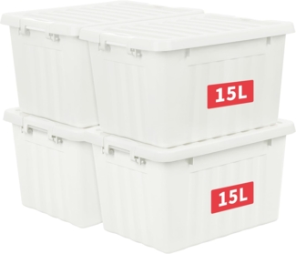 Cetomo 15L*4 Aufbewahrungsboxen mit Deckeln, Kunststoff-Aufbewahrungsbox mit Clips, Kunststoffbox, Ordnungsboxen für Zuhause und Büro, BPA-frei, Nestbar, Stapelbar, Weiß, 15L-4er Pack
