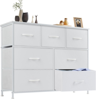 DUMOS Kommode für Schlafzimmer mit 7 Stoffschubladen hohe Kommode Organizer für Kleidung Schrank Kinderzimmer Aufbewahrungsturm mit Schrank Metallrahmen Holzplatte leichte Kinderzimmermöbel