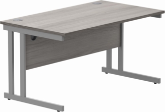 office hippo Essentials Rechteckiger Schreibtisch-Computer-Arbeitsplatz, Schreibtisch für Büro oder Heimbüro, mit Kabelanschluss-Management, 140x80 cm, Graue Alaska-Eiche, silberfarbenes Gestell