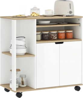 HOMCOM Servierwagen mit Schrank, verschiebbaren und verstellbaren Einlegeböden, (Küchenwagen, 1 St, Rollwagen), für Esszimmer, 80 x 40 x 82 cm, Weiß