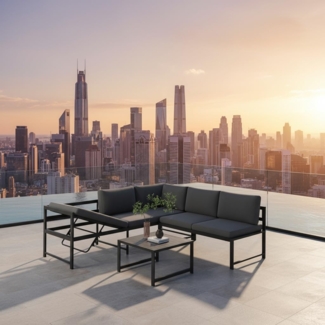 Sitzgruppe Aluminium Lounge Ecksofa mit Liegefunktion wetterfest Grau Tisch Balkonmöbel Outdoor