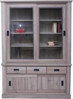 Dmora Sideboard mit Vitrine und Sockel mit zwei Türen und drei Schubladen, braune Farbe, 150 x 203 x 40 cm.